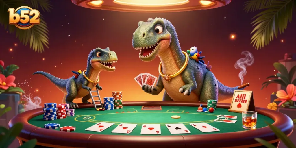 B52 casino illustration with a brontosaurus and a dealer raptor showcasing vibrant poker elements.