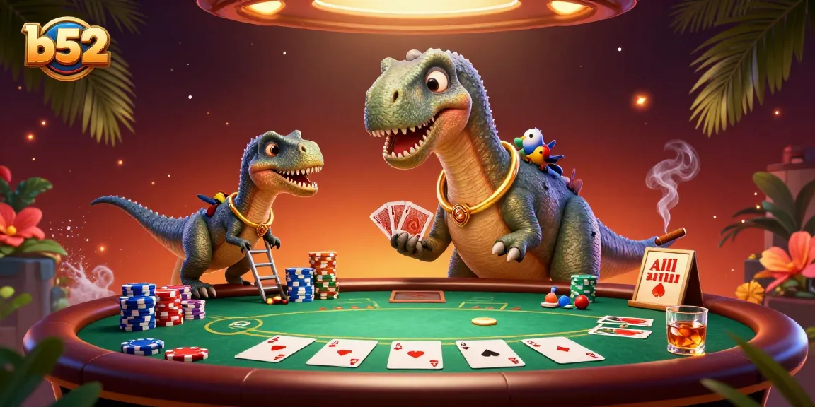 B52 casino illustration with a brontosaurus and a dealer raptor showcasing vibrant poker elements.