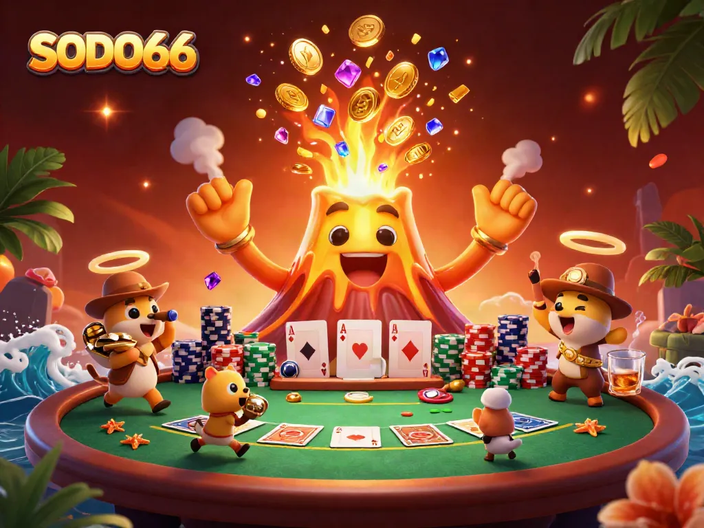 SODO66 players enjoy thrill winning at a vibrant casino volcano eruption scene packed with treasures.
