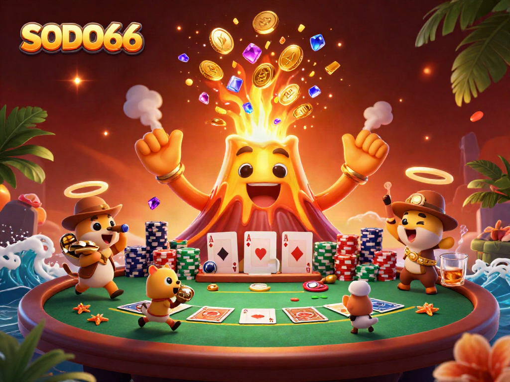 SODO66 players enjoy thrill winning at a vibrant casino volcano eruption scene packed with treasures.