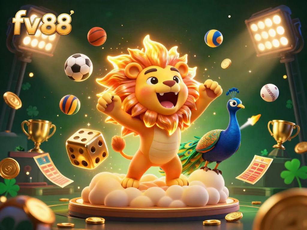 Experience the thrill with fv 88 as the sun lion celebrates wins amidst vibrant sports elements.