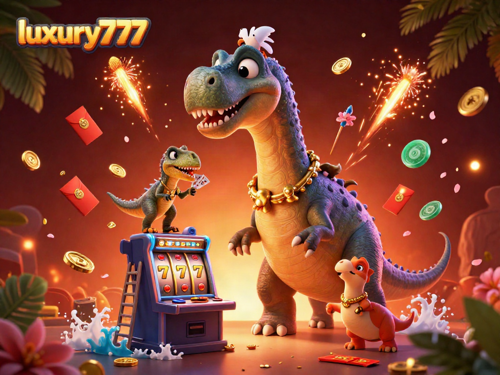 Mesin slot luxury777 menampilkan brontosaurus dan raptor dalam suasana kasino yang meriah.