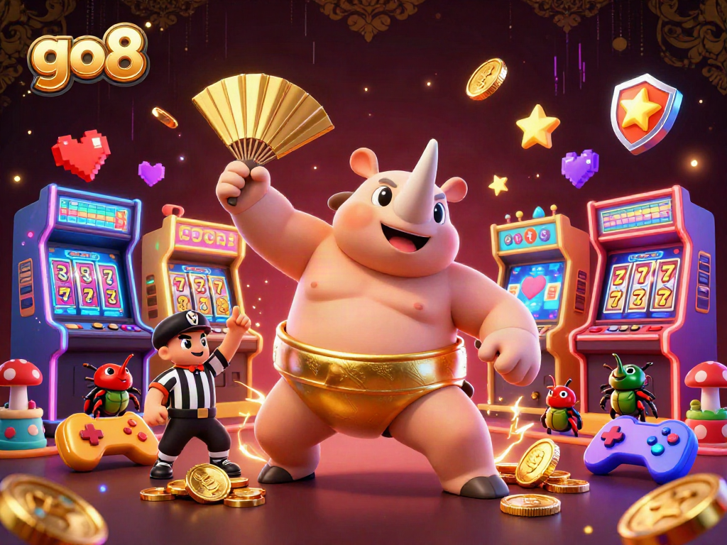 Experience go8 action with vibrant 3D casino characters, slot reels, and neon energy!