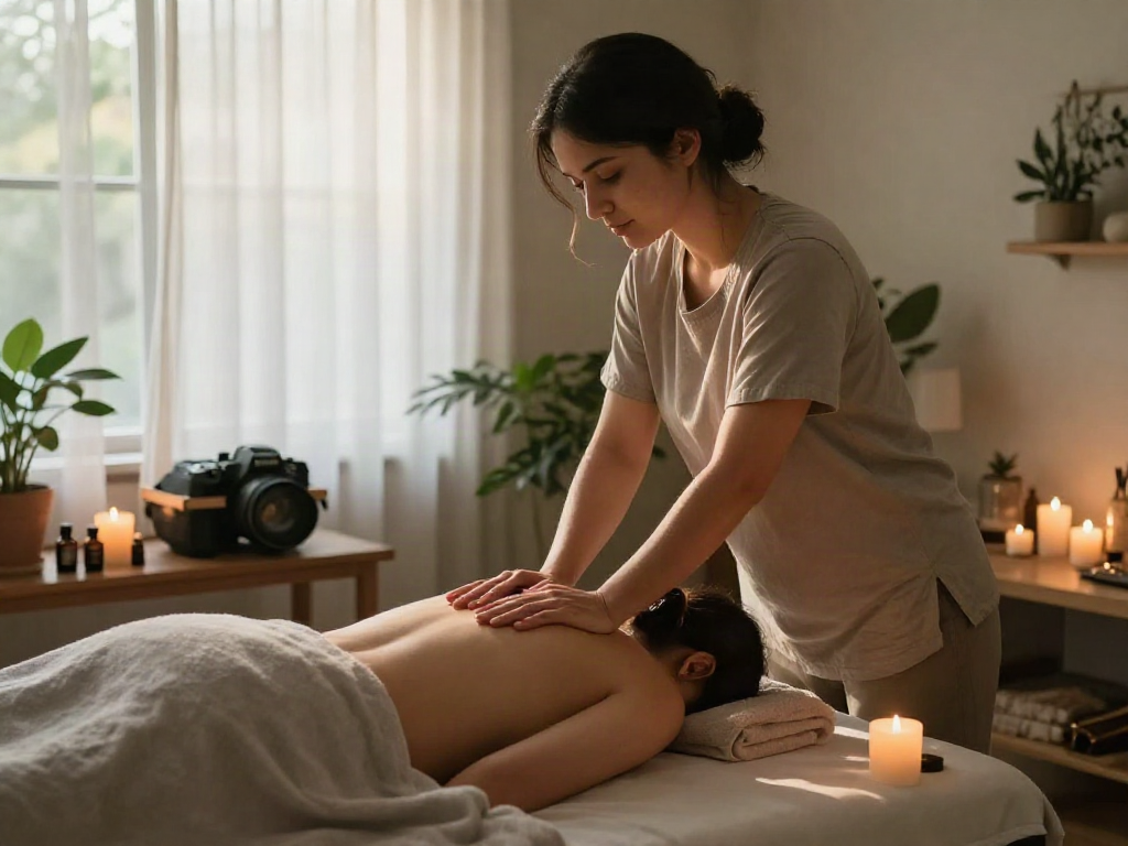 용인출장안마 relaxation massage therapy session in a serene home setting with warm lighting.