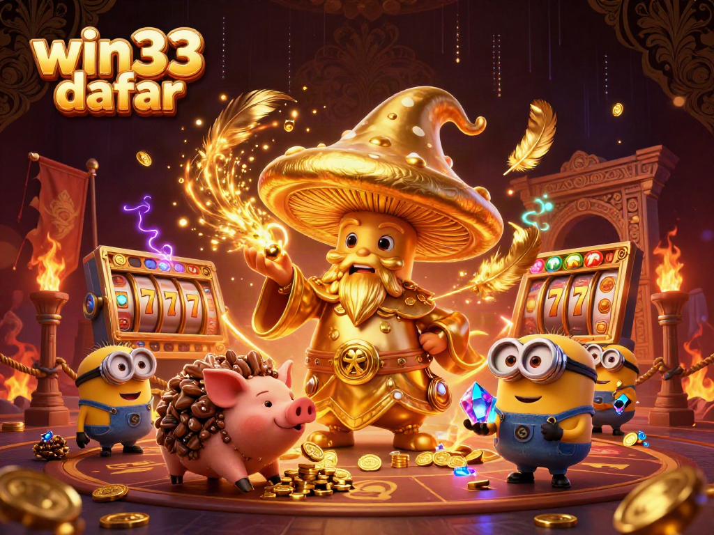 Win33 daftar featuring a golden mushroom wizard and a truffle pig in a rich casino-themed illustration.
