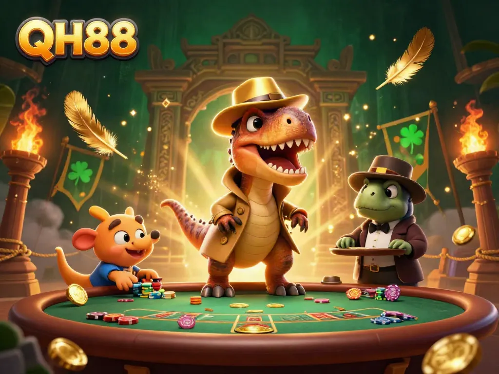 Engage with QH88's vibrant casino scene featuring a stealthy velociraptor card counter at a blackjack table.