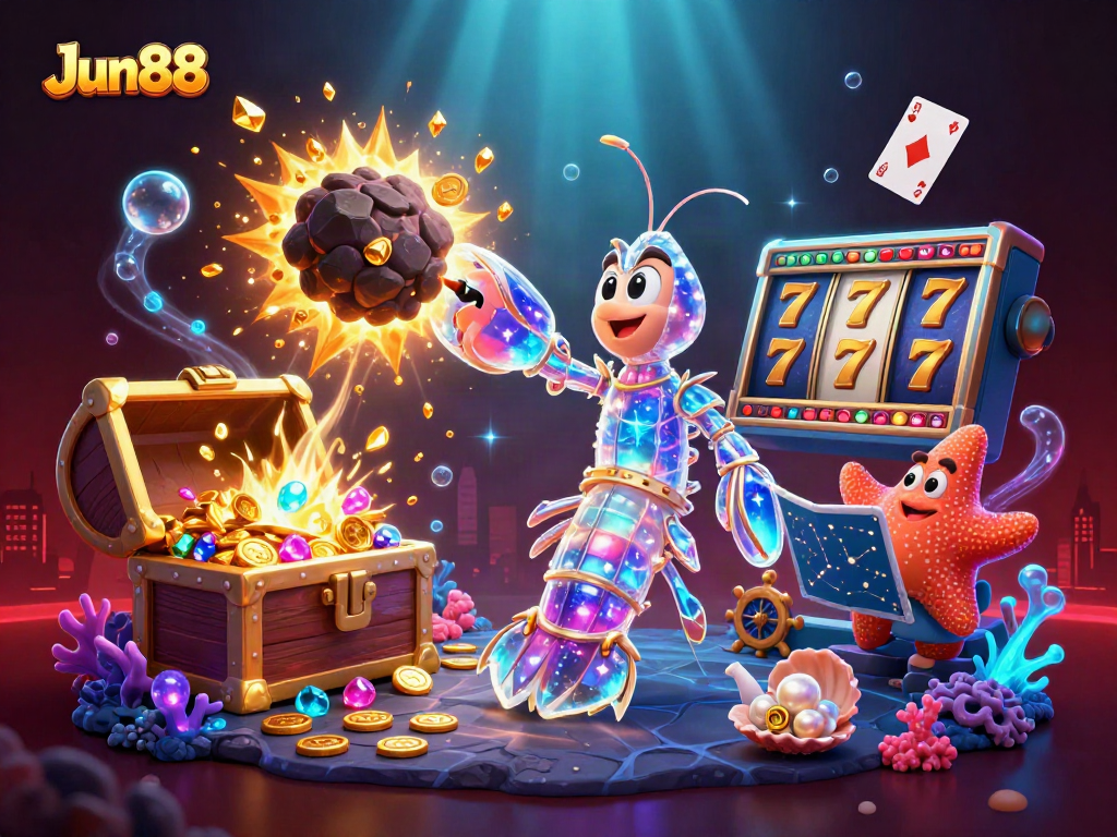 Experience Jun88's vibrant casino adventure with dynamic characters amidst thrilling slot action.