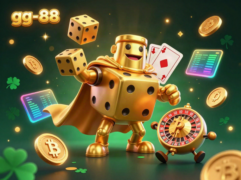 Engage with the exciting world of gambling at gg-88 with a 3D casino scene featuring a golden dice golem and crypto elements.