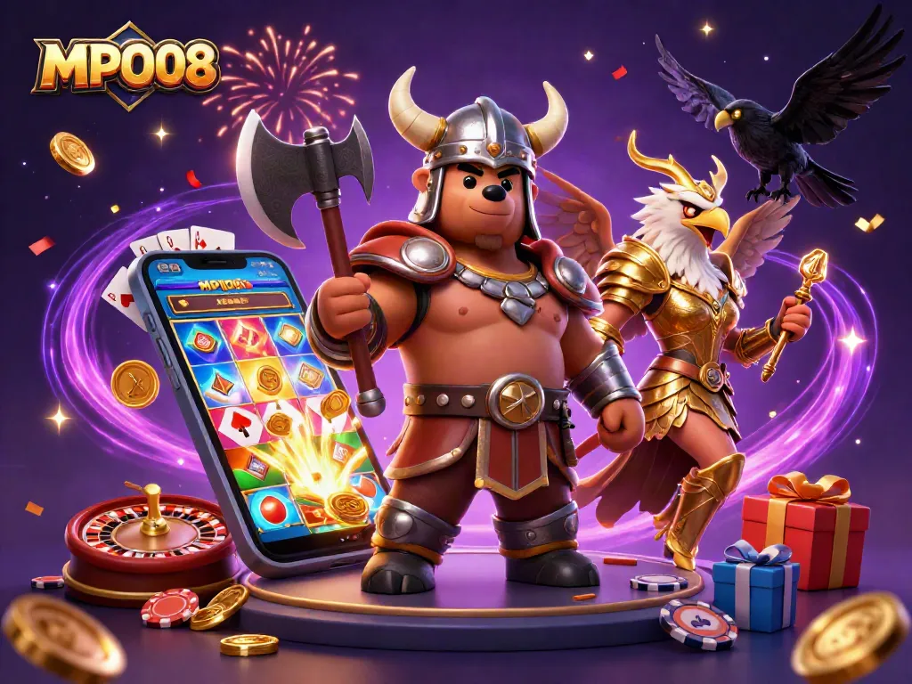 Experience thrilling wins with MPO08 in a vibrant, energetic casino illustration.