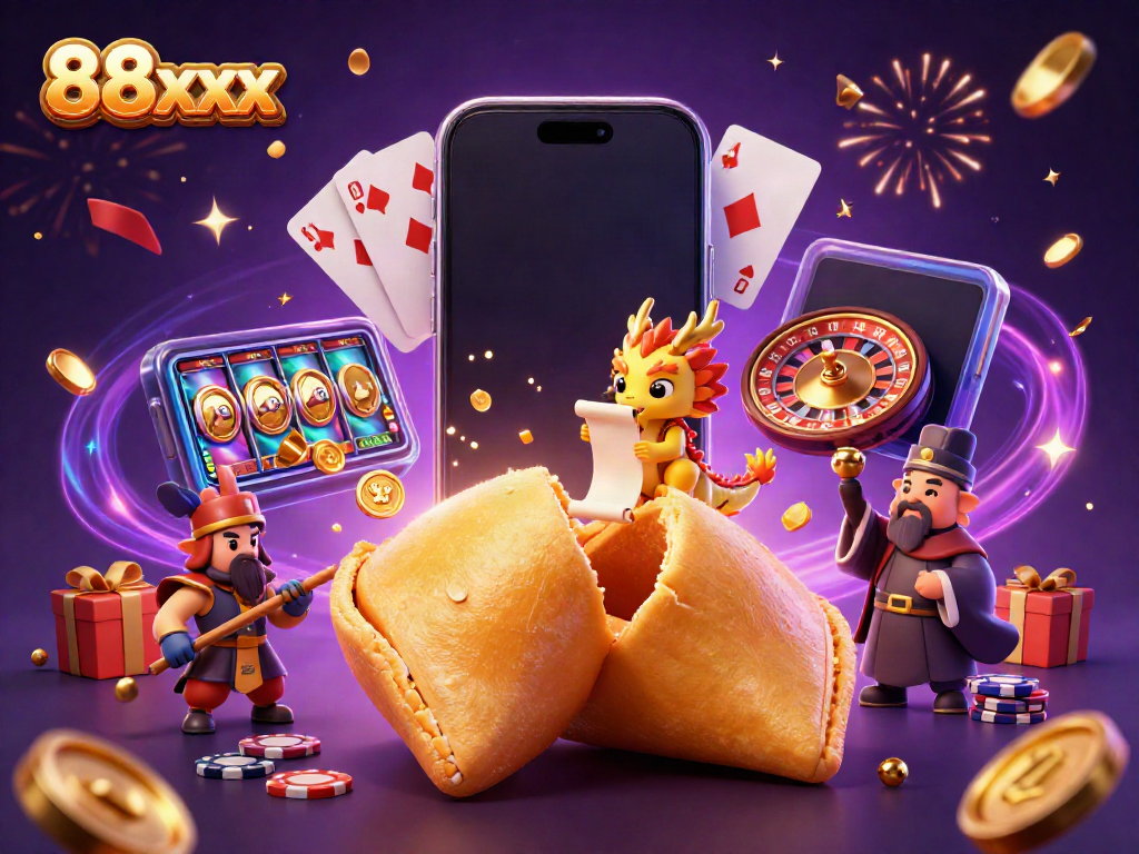 Engage in thrilling gaming experiences at 88xx with a majestic golden fortune cookie surrounded by vibrant casino elements.