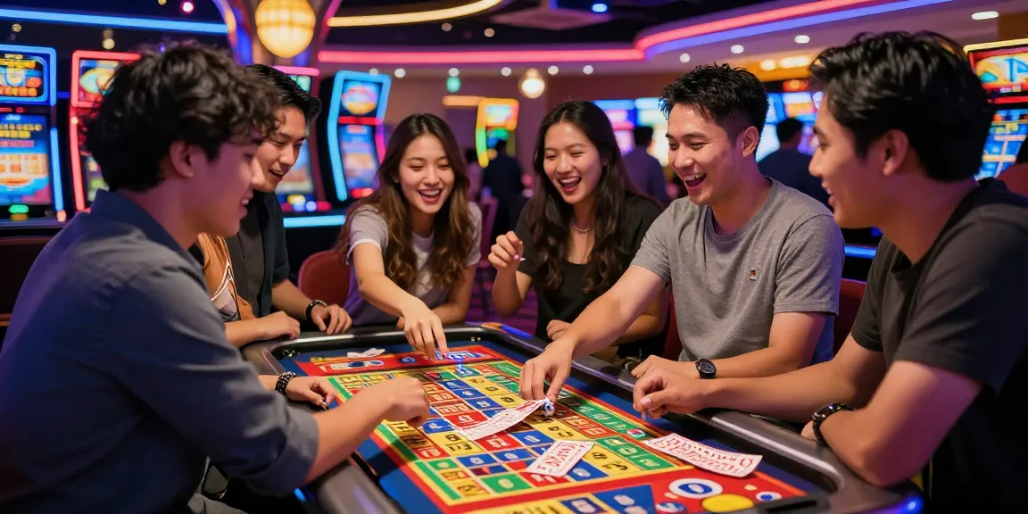 Friends at casino discussing harga toto results, vibrant lottery ticket booth backdrop, exciting atmosphere.