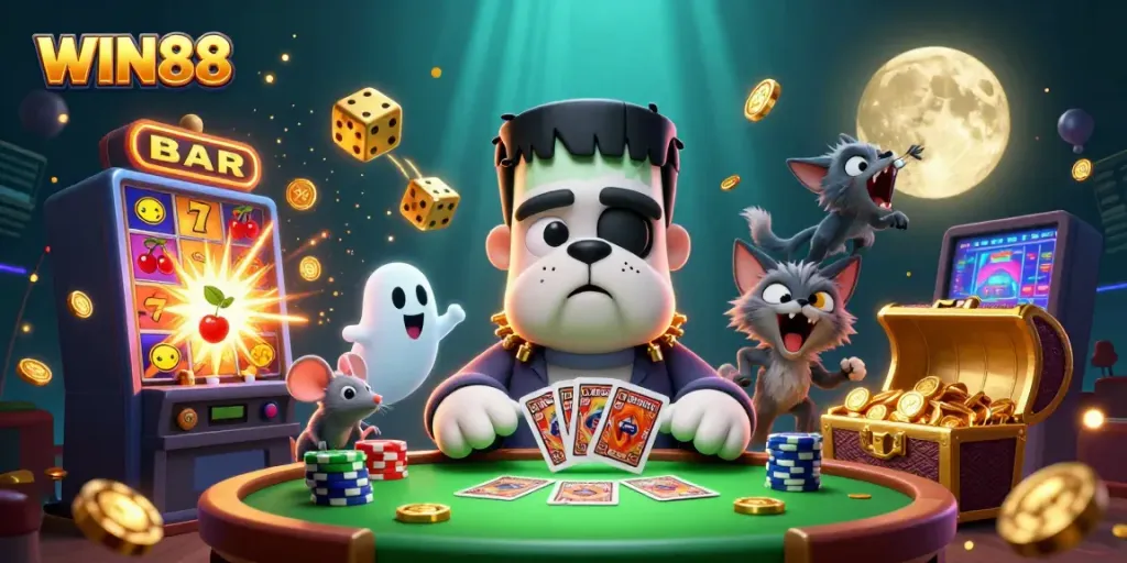 WIN88 thrilling casino scene with Frankenstein bulldog and werewolf kitten in a vibrant, lively illustration