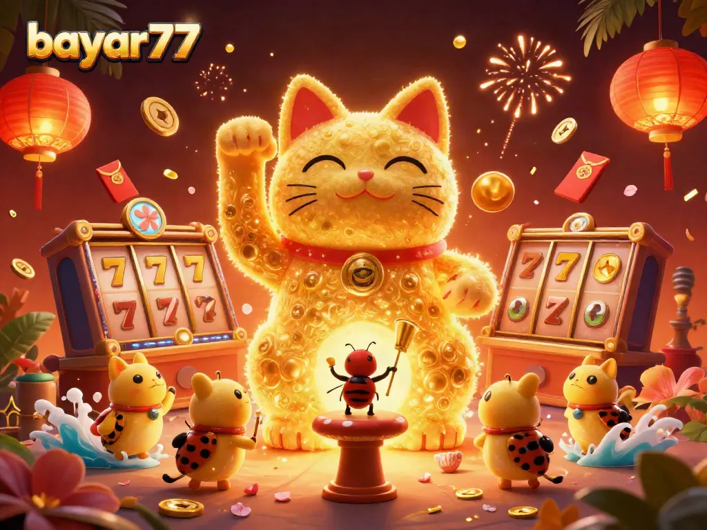 Experience thrilling gameplay with bayar77 and vibrant slot symbols in an exciting 3D illustration.