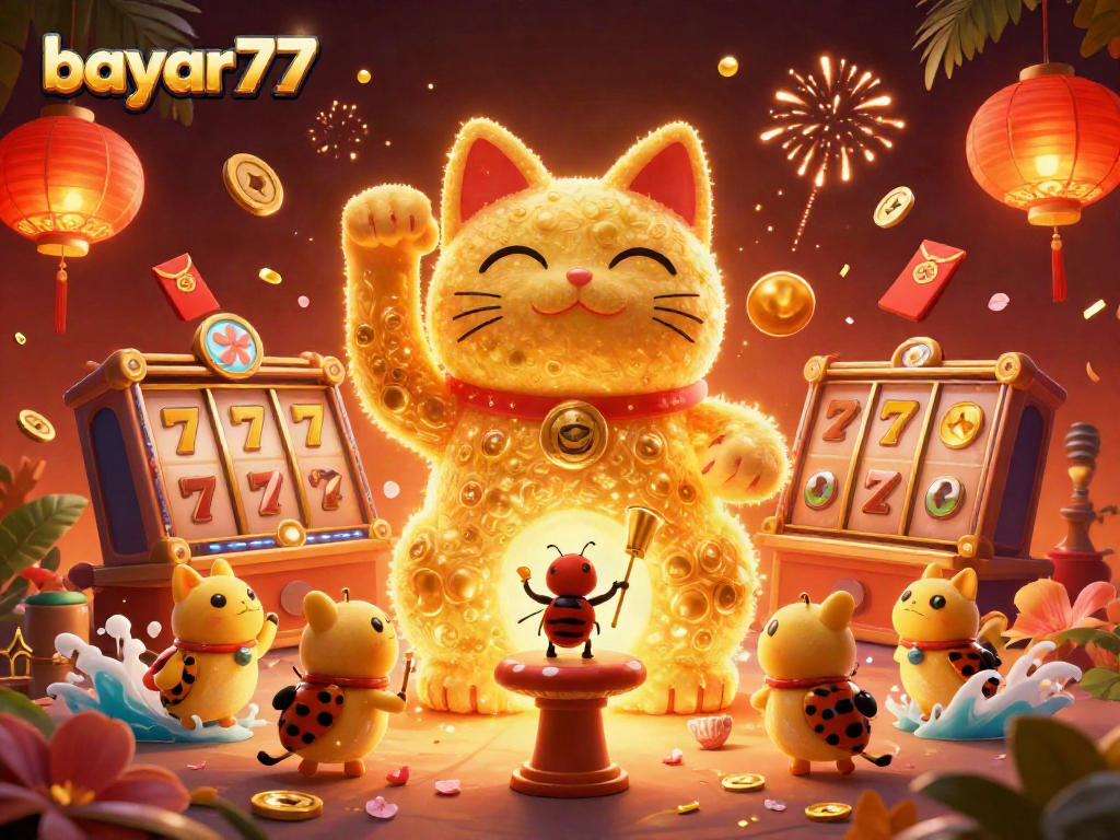 Experience thrilling gameplay with bayar77 and vibrant slot symbols in an exciting 3D illustration.