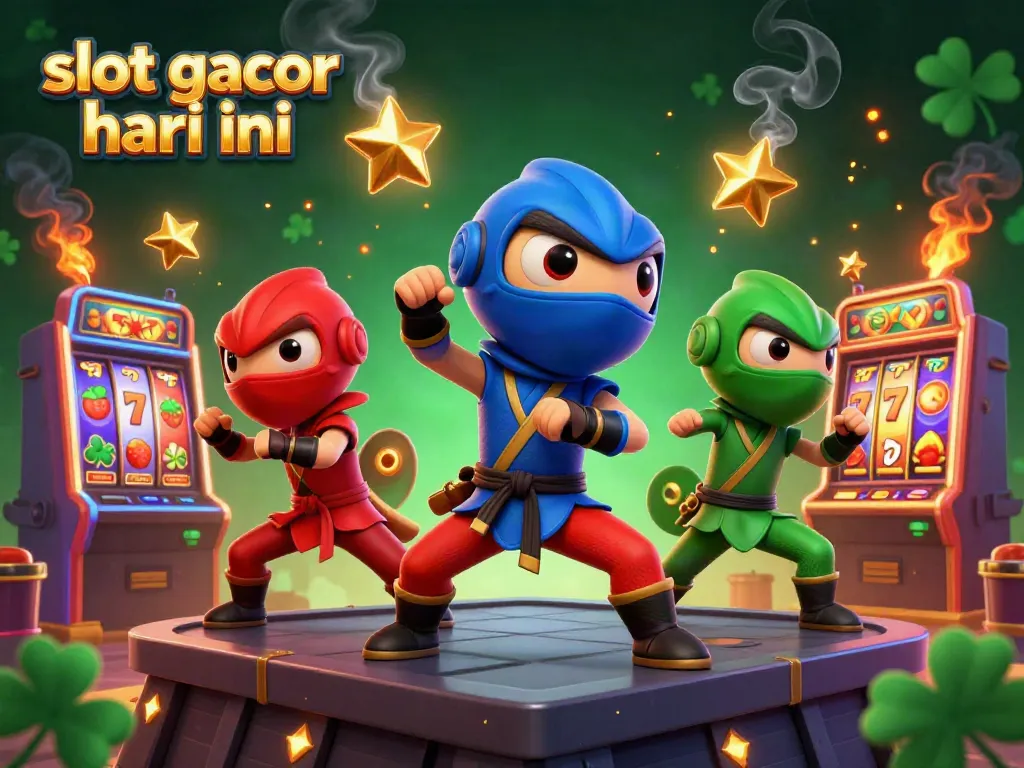 Engage with slot gacor hari ini in a dynamic scene of ninja chameleons amidst colorful casino slot machines.