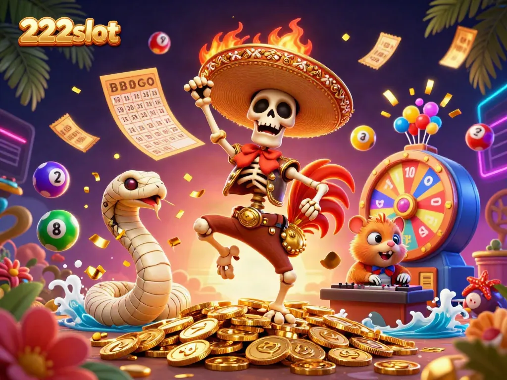 Menyaksikan permainan menguntungkan di 222slot dengan karakter kartun yang meriah dan simbol permainan berkilauan.