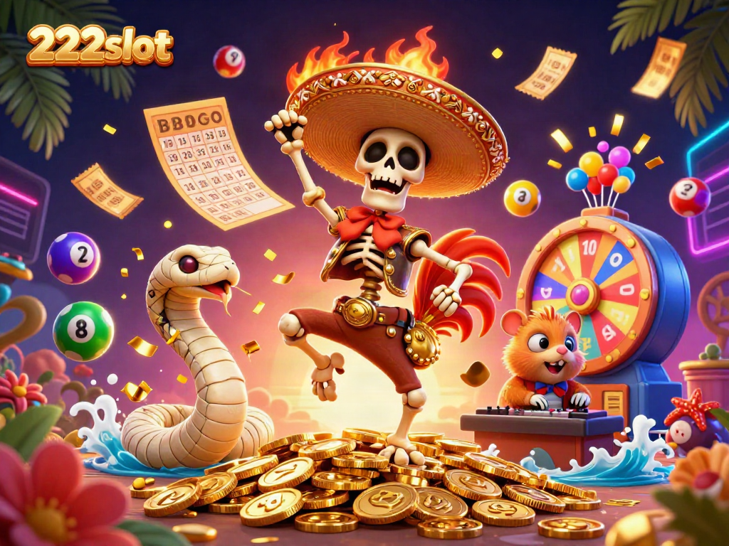 Menyaksikan permainan menguntungkan di 222slot dengan karakter kartun yang meriah dan simbol permainan berkilauan.