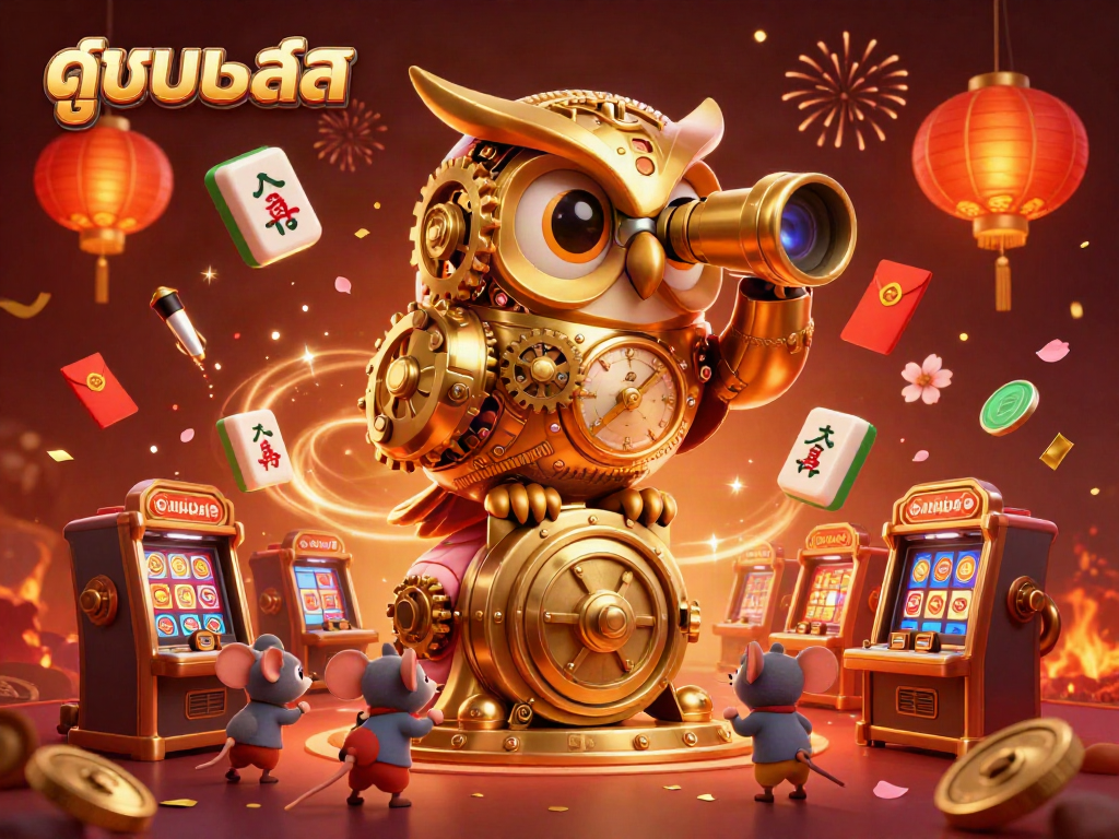 Experience the thrill of ดูบอลสด with a vibrant 3D scene of a clockwork owl and animated mice in a bustling casino.