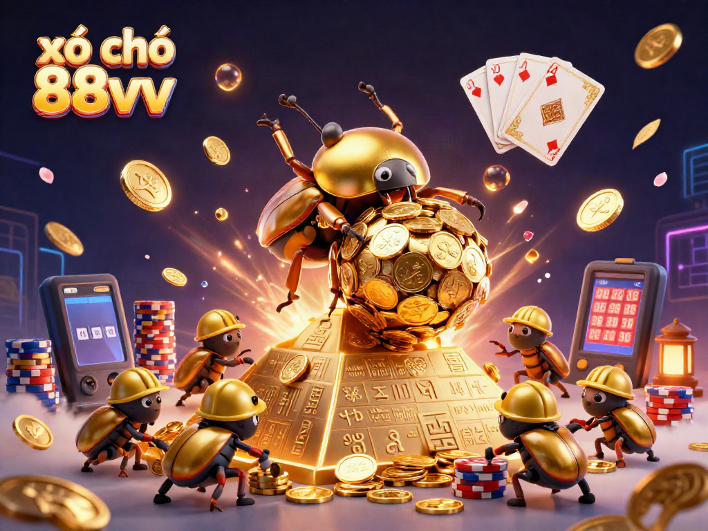 Engage in the vibrant world of xổ số 88vv with golden beetles rolling coins in a lively lottery scene.