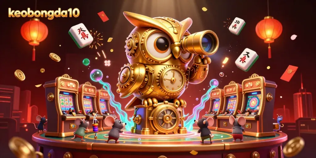 keobongda10 showcases an engaging casino scene featuring a golden owl and wind-up mouse patrons among vibrant game elements.