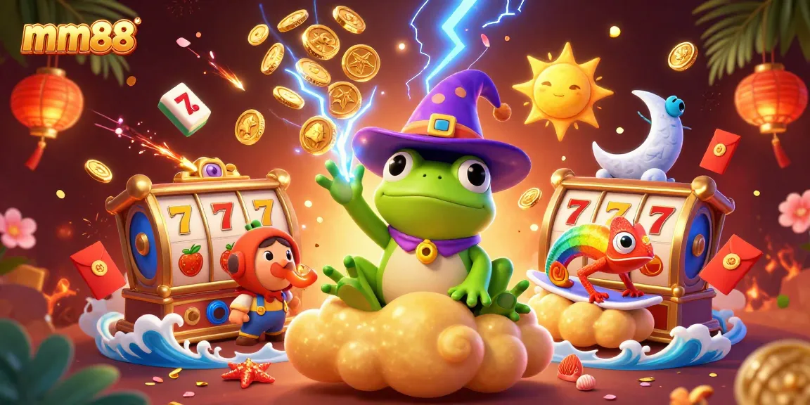Spin to win at mm88 with vibrant casino-themed illustration featuring dynamic characters.
