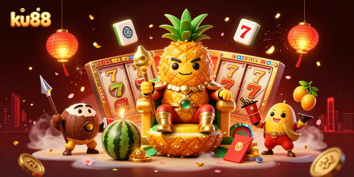 Experience the excitement of ku88 with a dynamic casino scene featuring a golden pineapple king and colorful game elements.