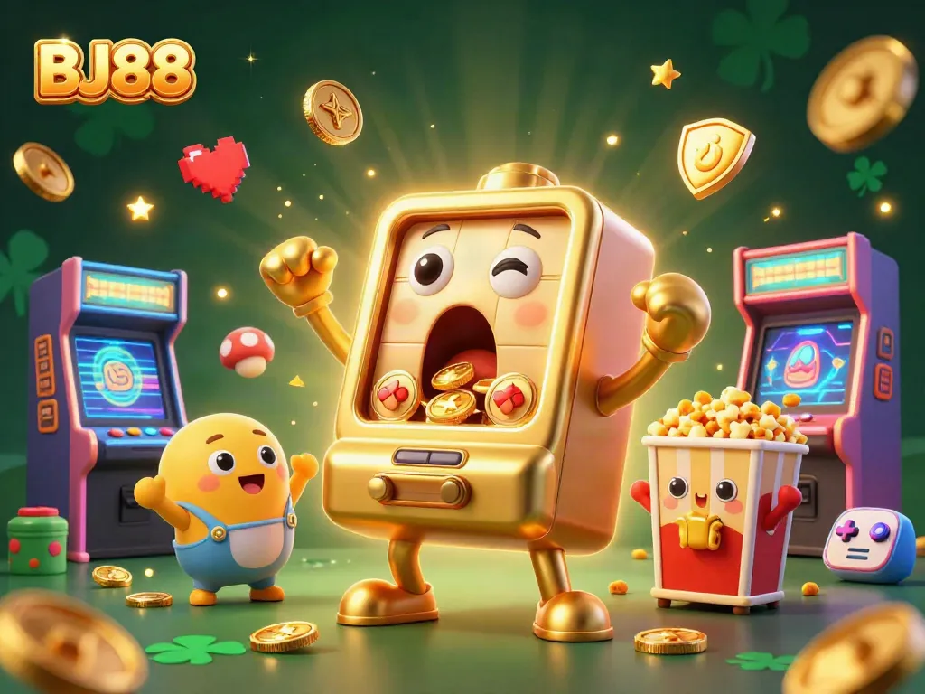 Experience thrilling jackpots with BJ88, a lively casino scene featuring golden slot machines and vibrant game elements.