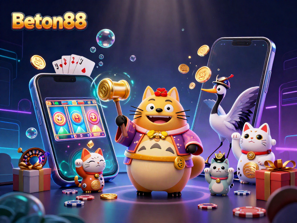 Menangkan jackpot di Beton88 dengan ilustrasi ceria tanuki dan kucing keberuntungan dalam permainan slot yang menyenangkan.