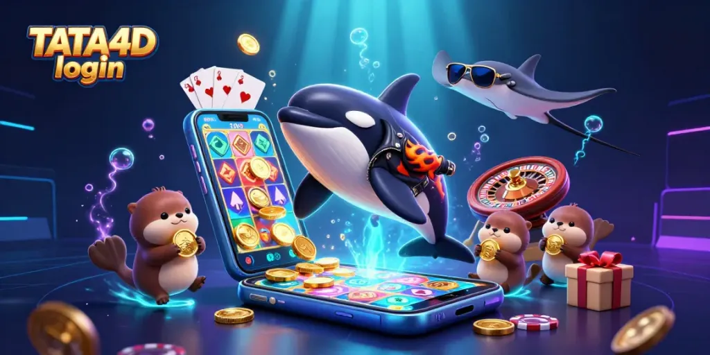 Engage with the TATA4D login interface featuring dynamic casino elements and lively characters.