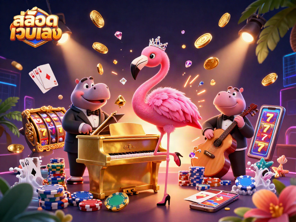 Engage in thrilling gameplay with สล็อตเว็บตรง showcasing vibrant slot machines and lively casino characters.