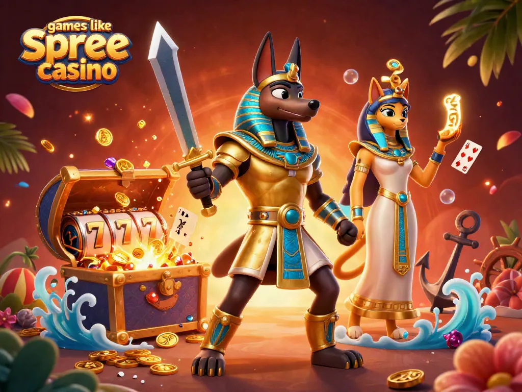 Play slots like spree casino with Anubis and Bastet in a vibrant 3D casino scene.