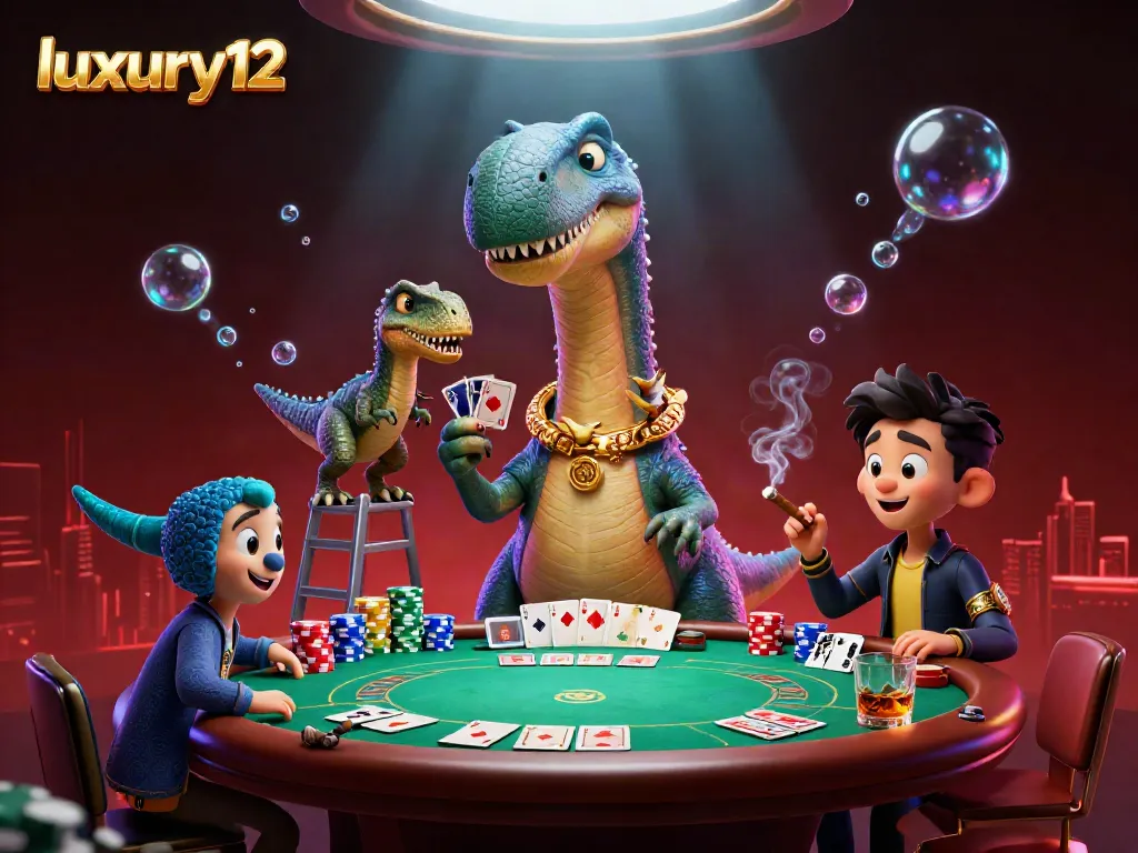 Play thrilling poker at luxury12 with a giant brontosaurus dealer and vibrant poker elements.