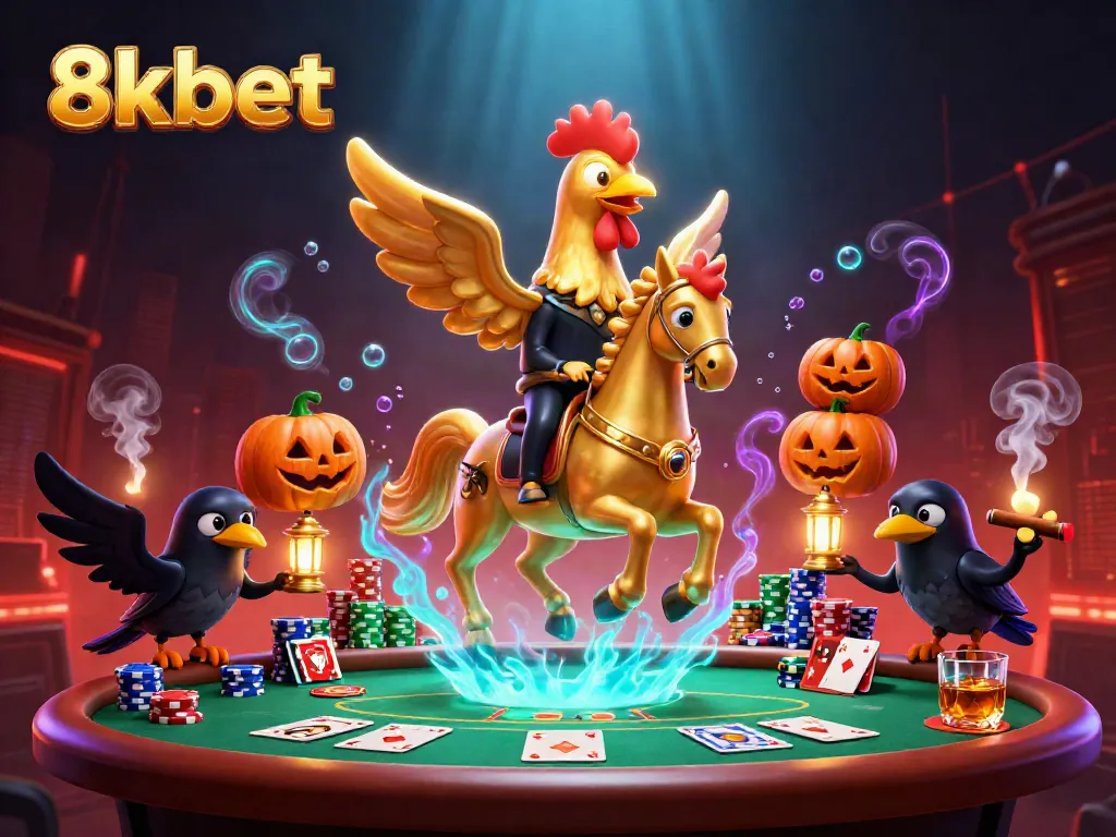 Engage in 8xbet's thrilling casino atmosphere with a golden rooster and companions in an enchanting 3D scene.