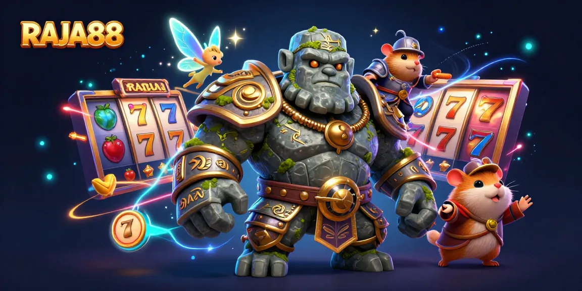 Slot RAJA88 menampilkan golem kuno, peri, dan ksatria hamster dalam suasana permainan yang meriah.