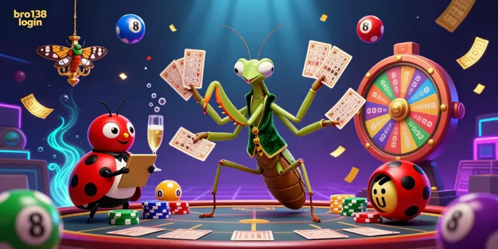 Experience the thrill of winning at bro138 login with vibrant 3D illustrations of cartoon characters in a bustling casino environment.