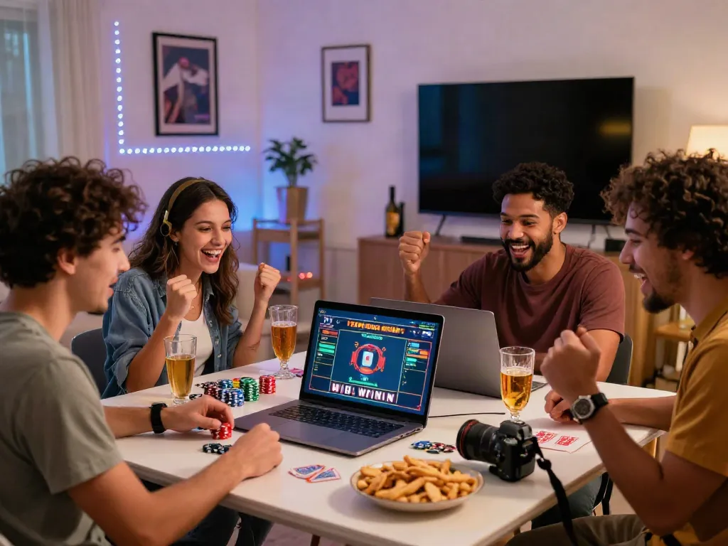 A group of friends celebrating a big win while playing akunjp online casino games in a lively living room.