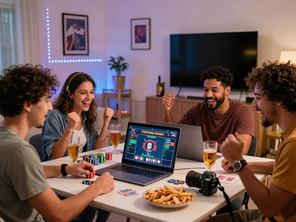 A group of friends celebrating a big win while playing akunjp online casino games in a lively living room.
