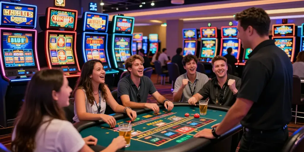 Das Hotslots Casino mit lebhaften Spielern, Slotmaschinen und einer aufregenden Atmosphäre