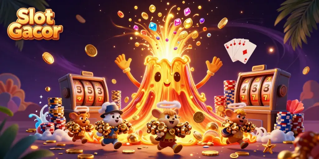 Experience the thrill of Slot Gacor with vibrant scenes of a gold volcano, treasure animals, and winning reels.