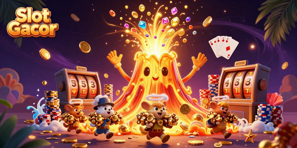 Experience the thrill of Slot Gacor with vibrant scenes of a gold volcano, treasure animals, and winning reels.