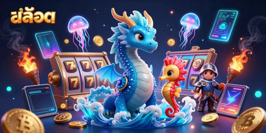 Engage with exciting สล็อต action alongside a vibrant dragon, seahorse knight, and jellyfish in a dynamic casino scene.