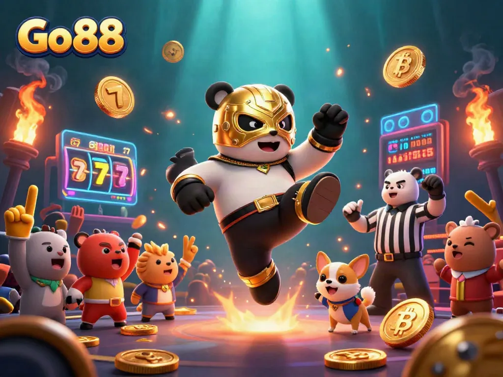 Experience the excitement of Go 88 with a dynamic gambling scene featuring a wrestling panda and animated slot elements.