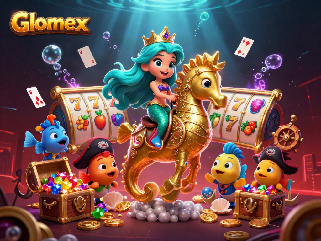 Spin Glomex slots with excitement, undersea treasures and vibrant characters fill the scene.
