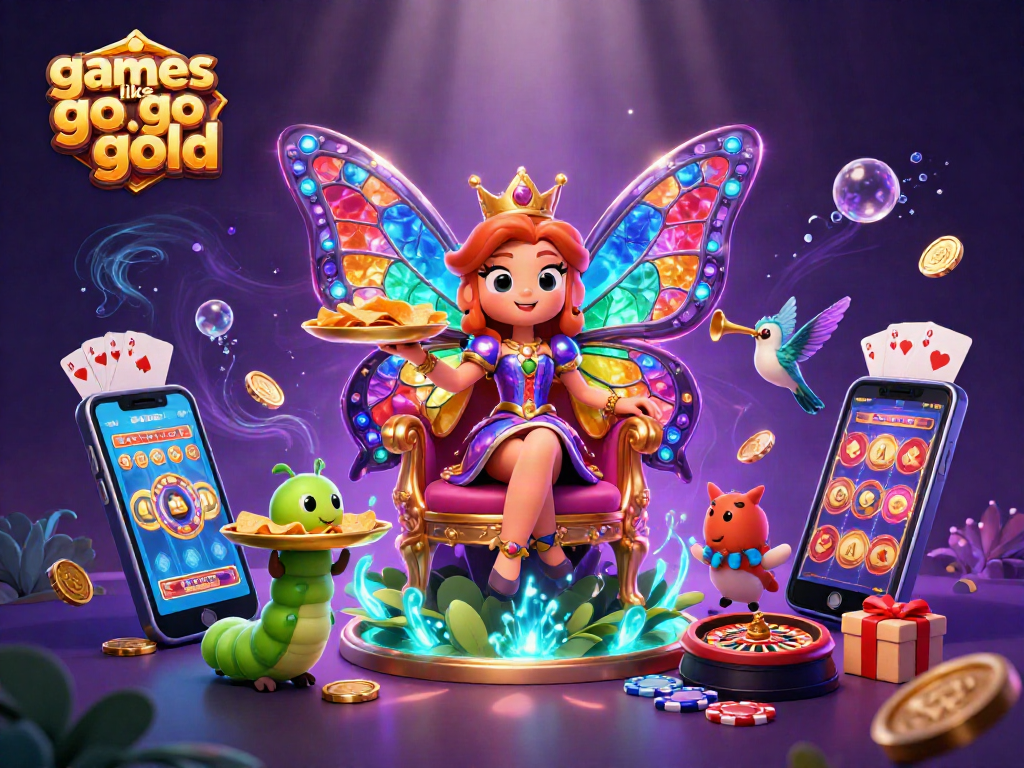 Play exciting games like go go gold with vibrant slot displays and casino characters in a colorful scene