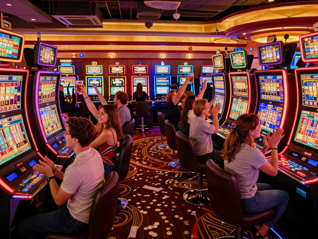 Lucky777 jackpot celebration scene with friends cheering at a casino.