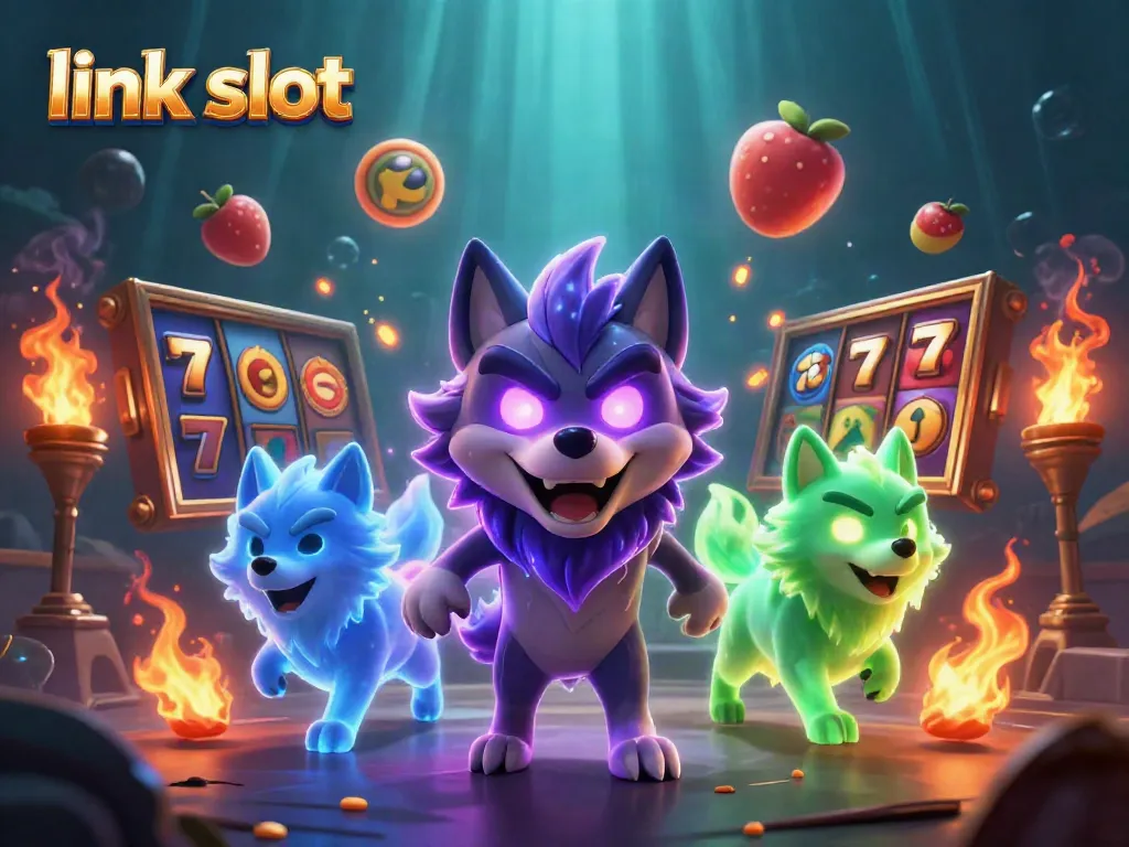 Engage with thrilling link slot games featuring mystical wolves and exciting slot elements in a vibrant 3D scene.