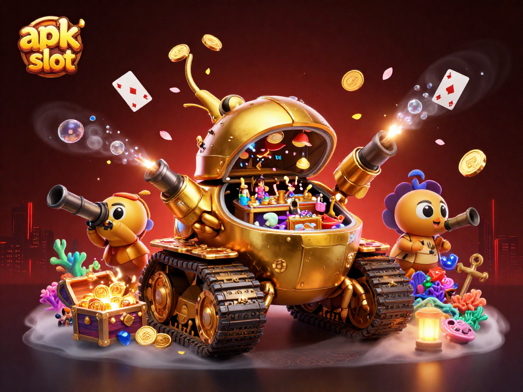 Permainan apk slot dengan karakter unik dan elemen kasino menonjol dalam ilustrasi 3D.