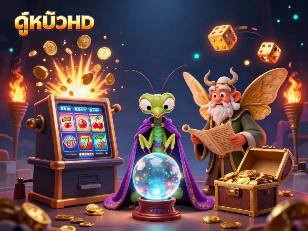 Experience thrilling ดูหนังHD with a vibrant illustration of whimsical casino elements and engaging characters.