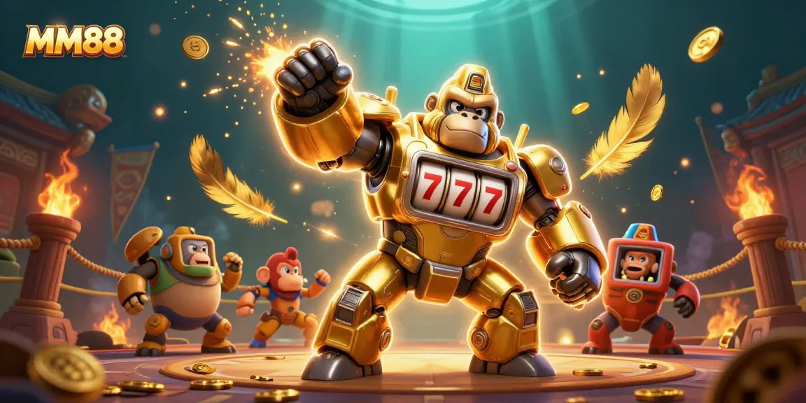 Engage in thrilling cockfighting action with MM88's vibrant 3D illustration featuring a golden gorilla mech.