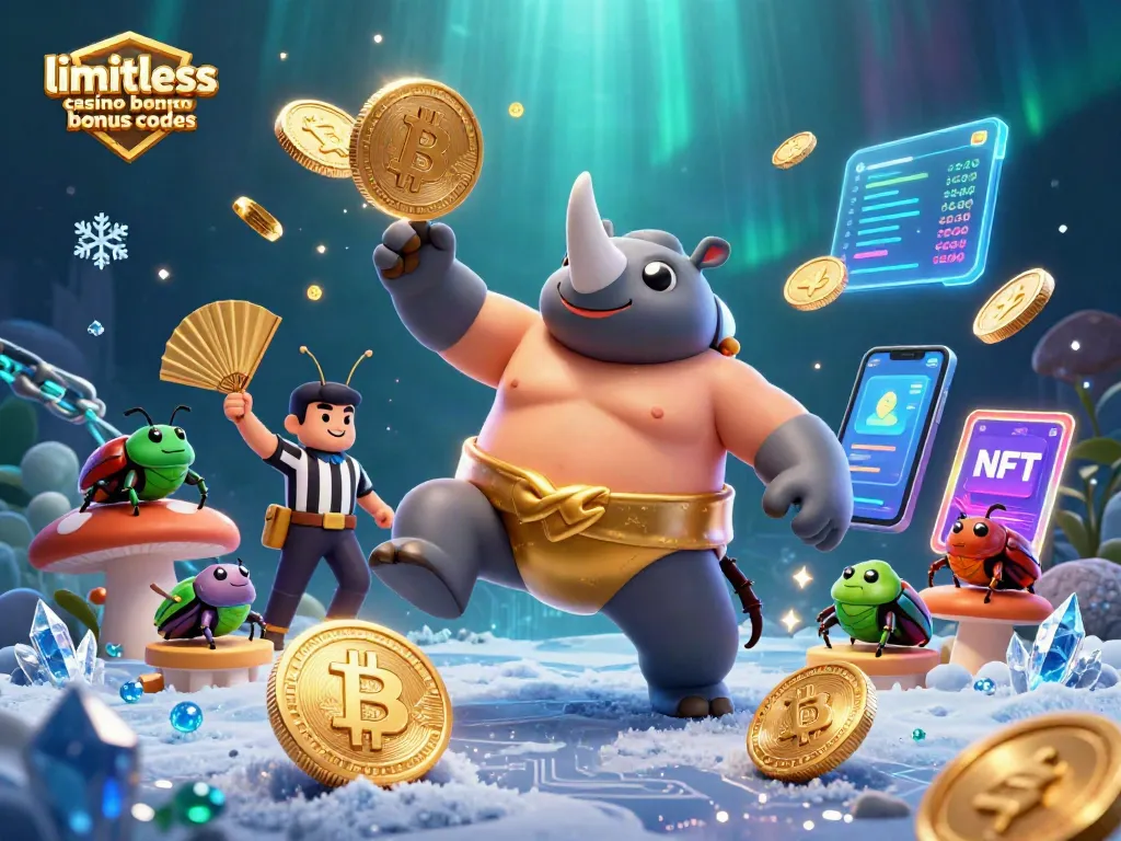Limitless casino bonus codes illustrated as a cartoon scene with a rhinoceros beetle champion amid crypto coins and dynamic elements.
